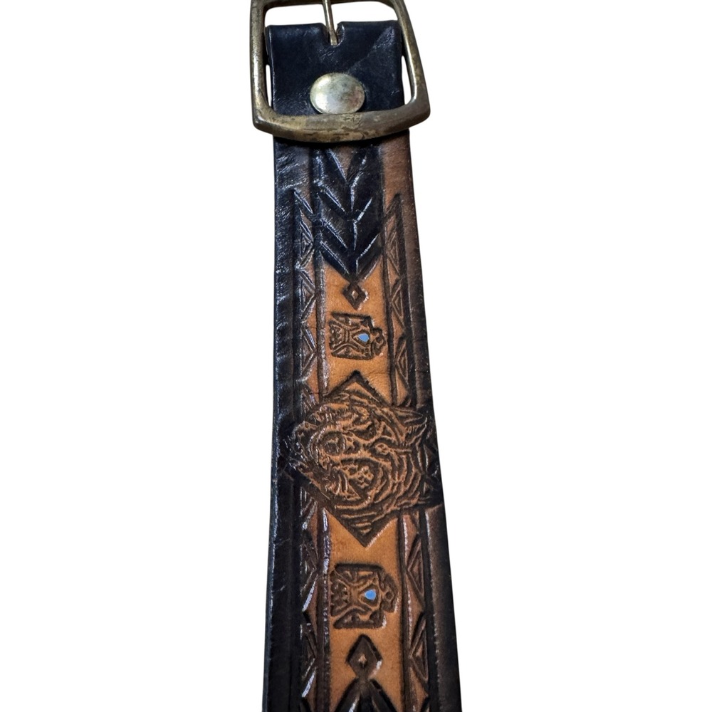 Vintage Hand Tooled Leather Belt Black Brown Southwestern Eagle 37in Length